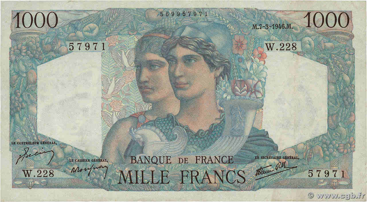 1000 Francs MINERVE ET HERCULE FRANKREICH  1946 F.41.12 fVZ