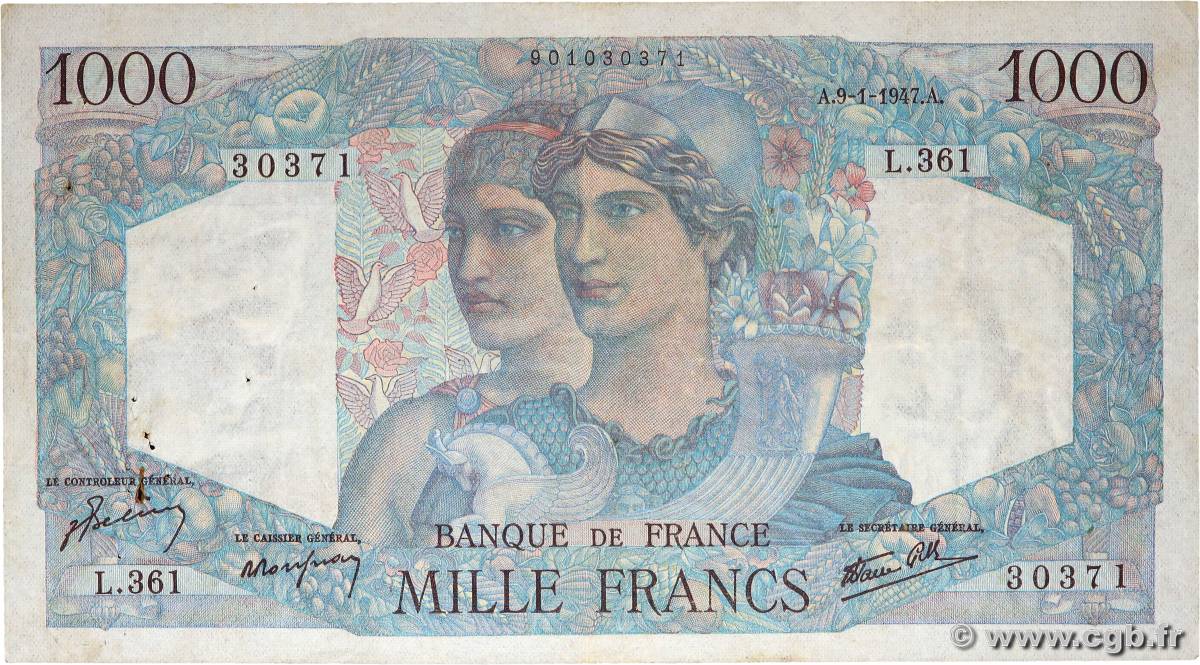 1000 Francs MINERVE ET HERCULE FRANCE  1947 F.41.18 TB+