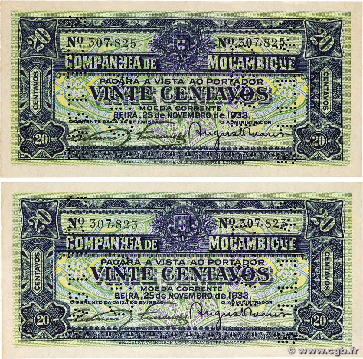 20 Centavos Lot MOZAMBIQUE Beira 1933 P.R29 UNC