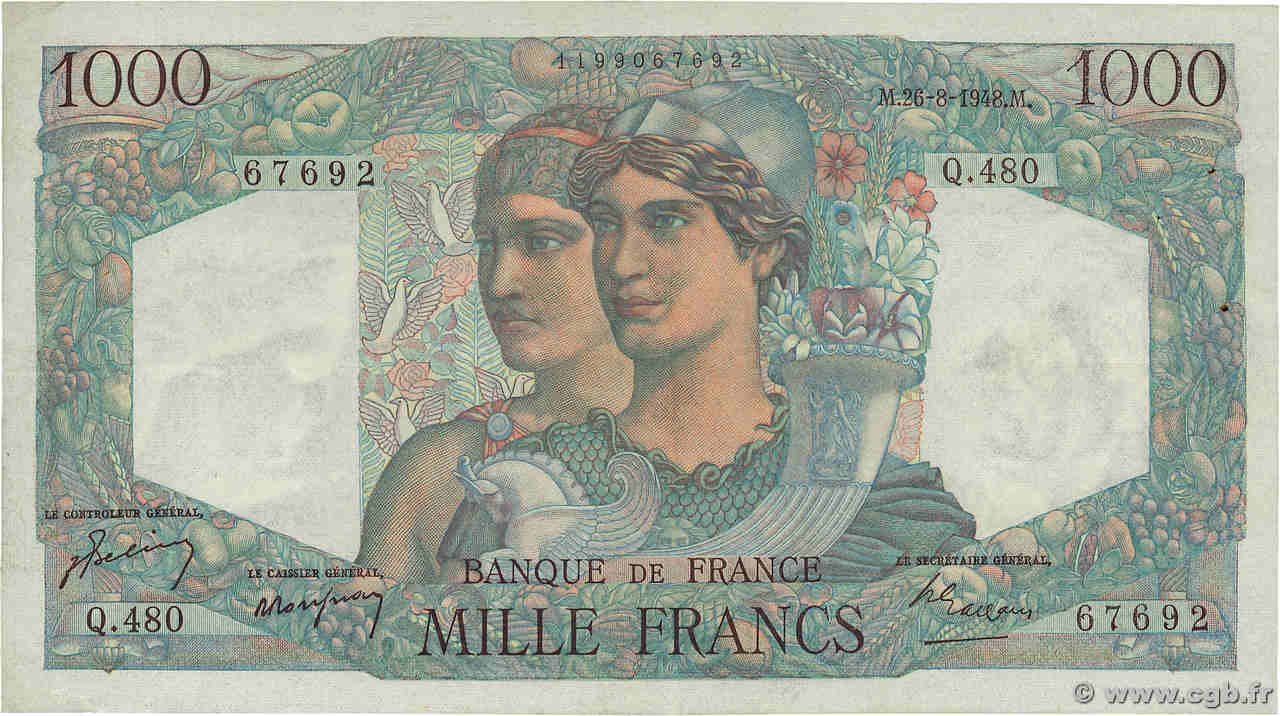 1000 Francs MINERVE ET HERCULE FRANCE  1948 F.41.23 pr.SUP