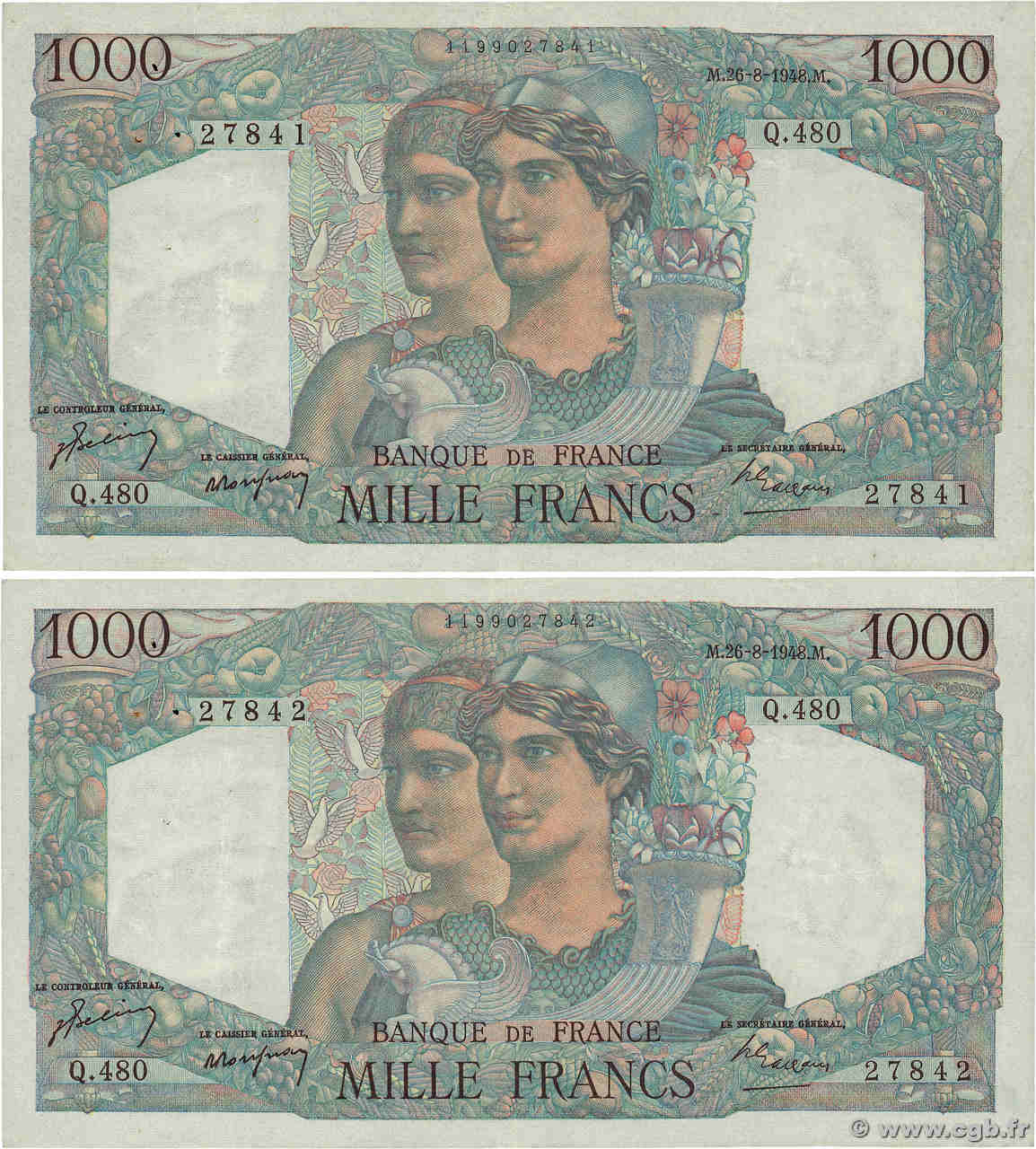 1000 Francs MINERVE ET HERCULE Consécutifs FRANCE  1948 F.41.23 TTB