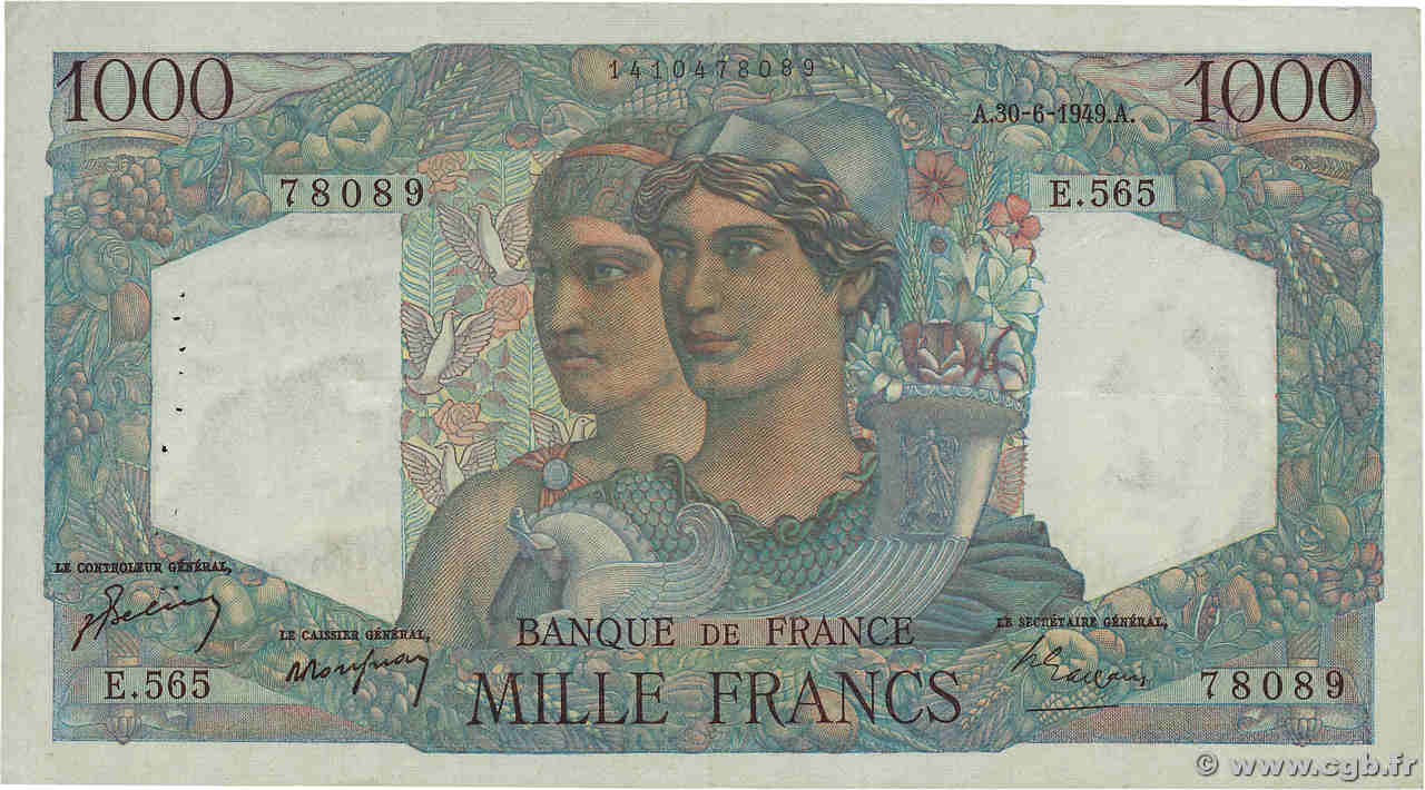1000 Francs MINERVE ET HERCULE FRANCE  1949 F.41.27 VF