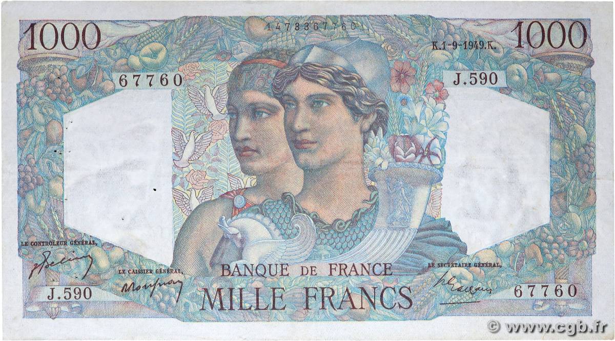 1000 Francs MINERVE ET HERCULE FRANCE  1949 F.41.28 TTB