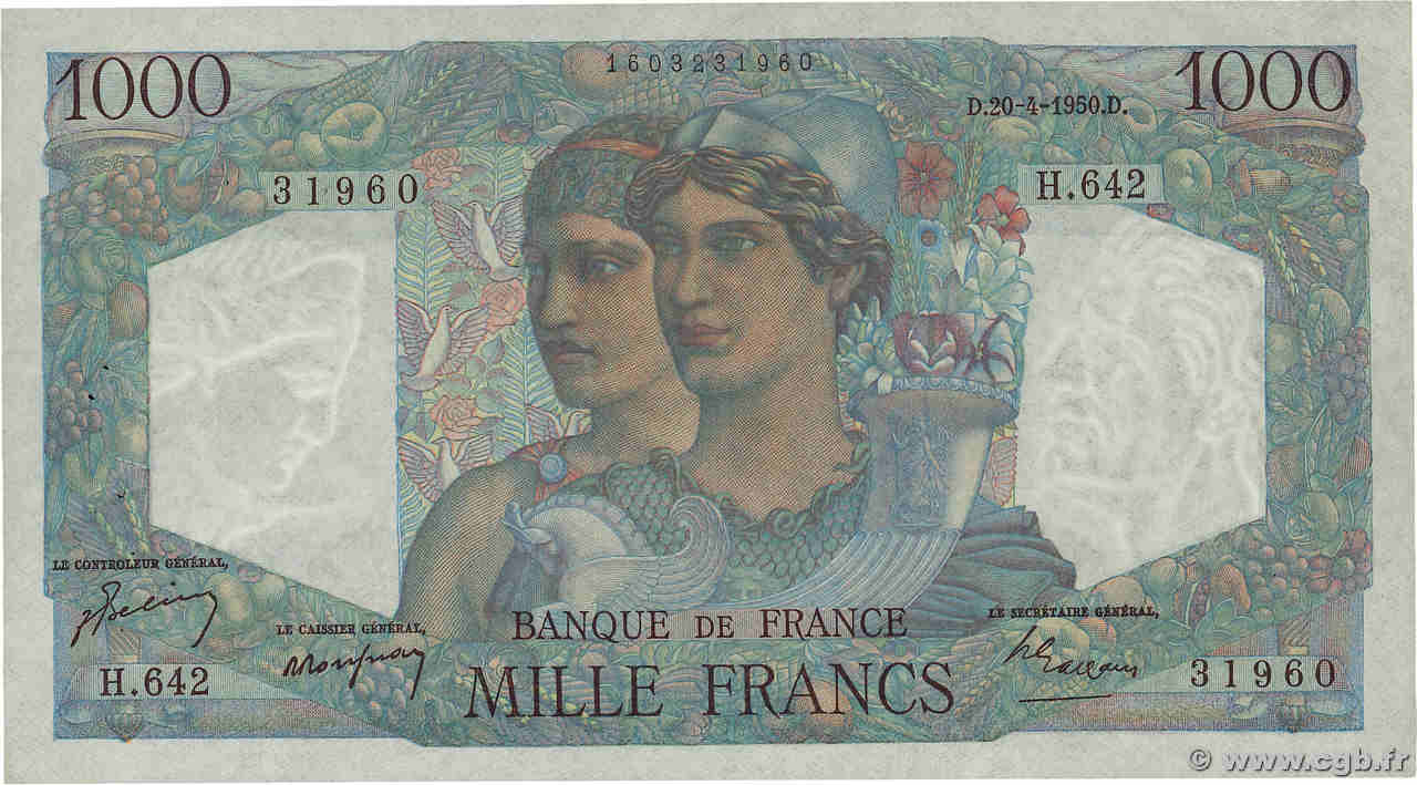 1000 Francs MINERVE ET HERCULE FRANCE  1950 F.41.32 XF-