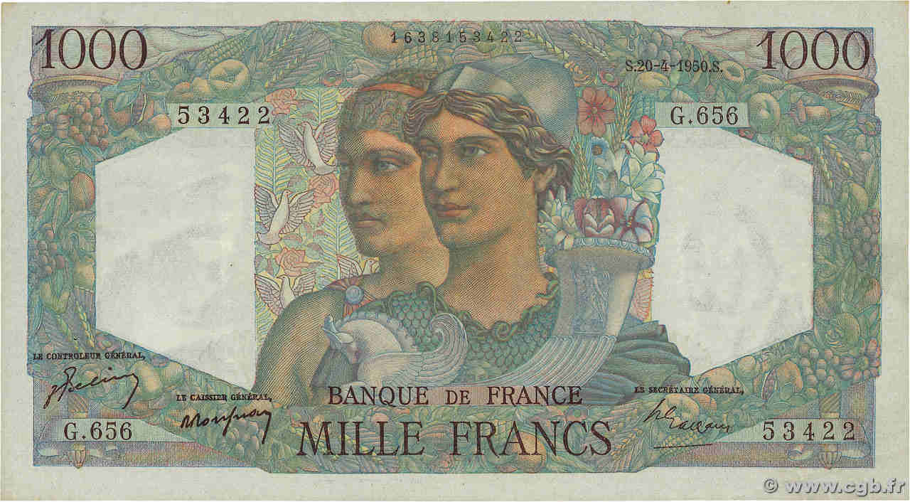 1000 Francs MINERVE ET HERCULE FRANCE  1950 F.41.32 VF+
