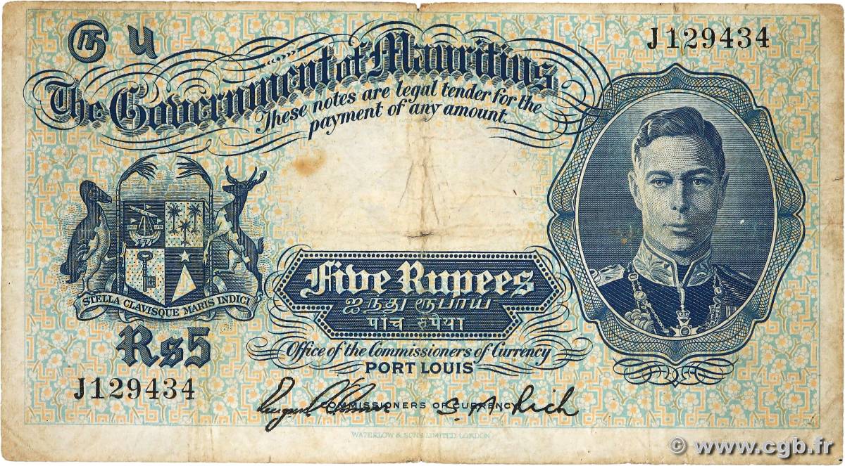 5 Rupees MAURITIUS  1937 P.22 F-