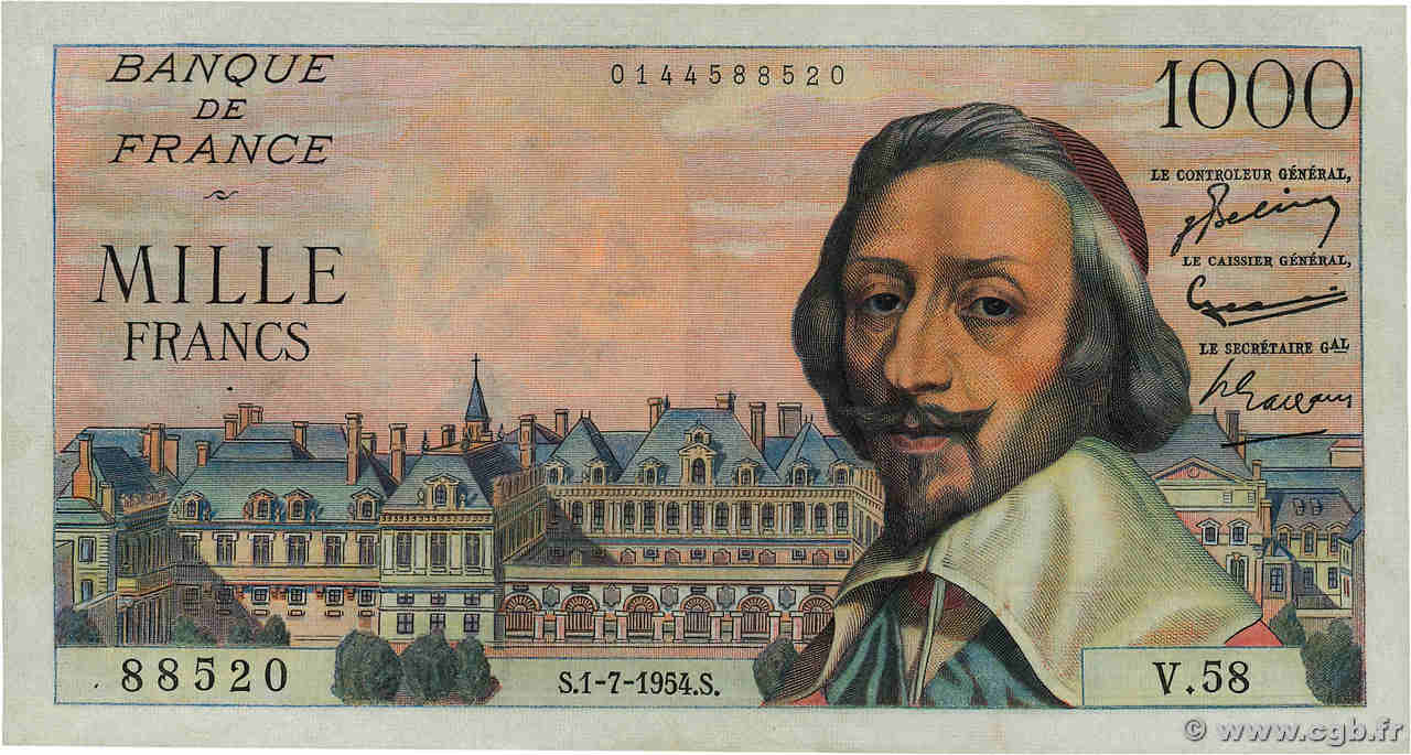 1000 Francs RICHELIEU FRANCE  1954 F.42.06 VF+