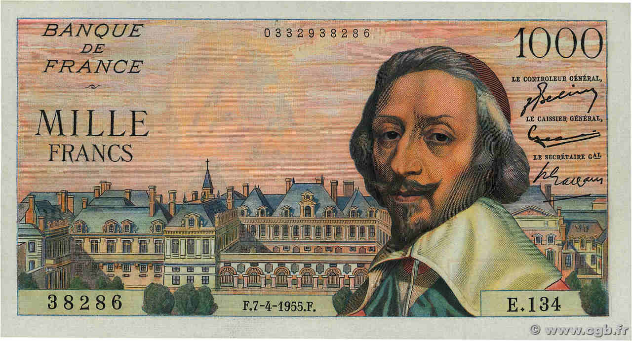 1000 Francs RICHELIEU FRANCE  1955 F.42.12 XF-