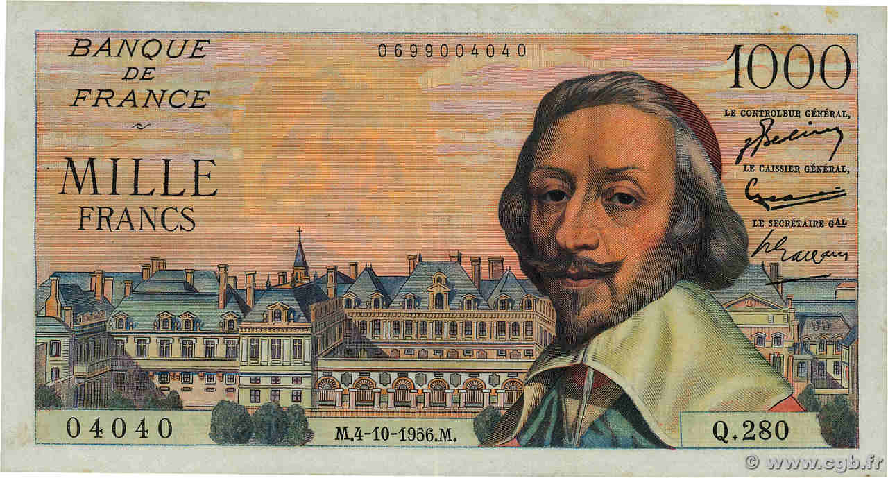 1000 Francs RICHELIEU Numéro radar FRANCE  1956 F.42.22 VF