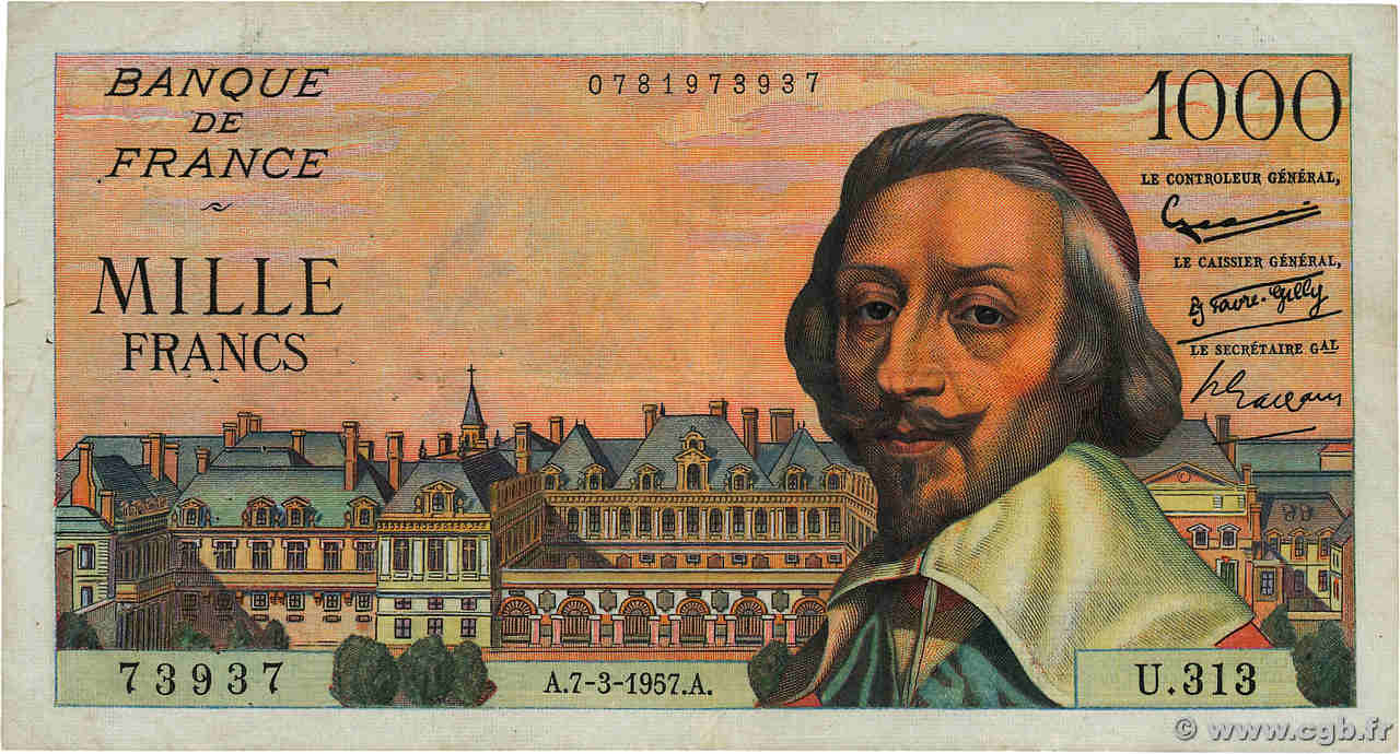 1000 Francs RICHELIEU Numéro radar FRANCE  1957 F.42.25 TB