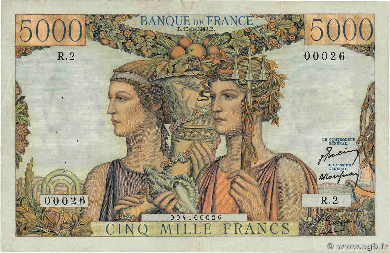 5000 Francs TERRE ET MER Numéro spécial FRANCE  1949 F.48.01 pr.TTB