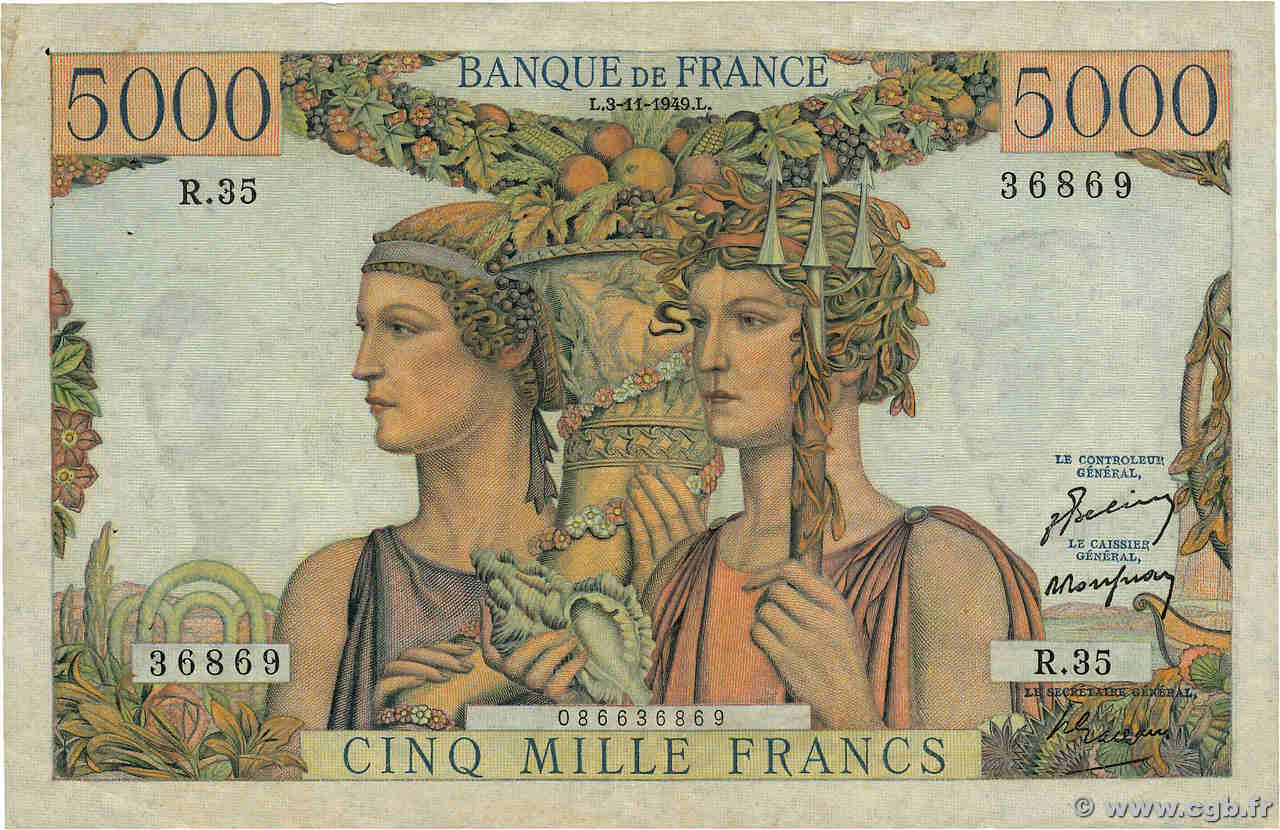 5000 Francs TERRE ET MER FRANCE  1949 F.48.02 VF-