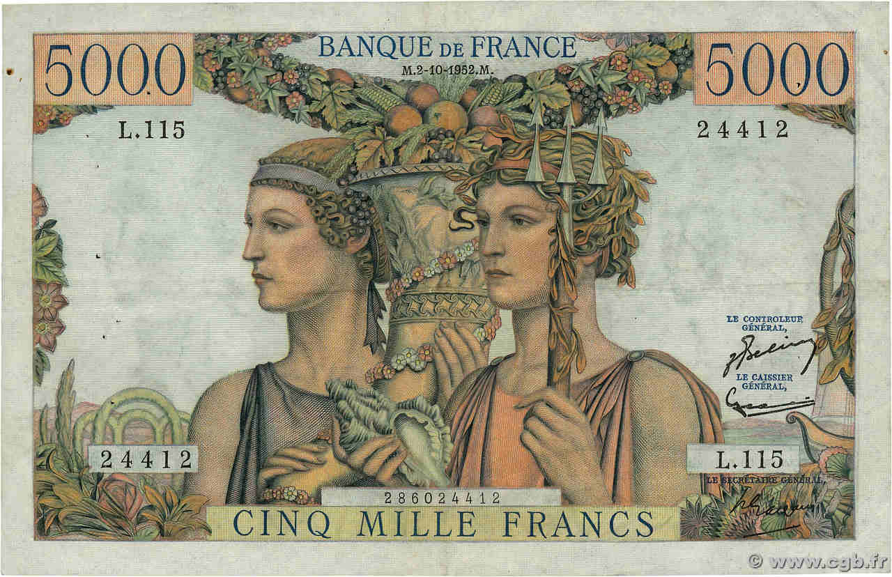 5000 Francs TERRE ET MER FRANCE  1952 F.48.07 VF