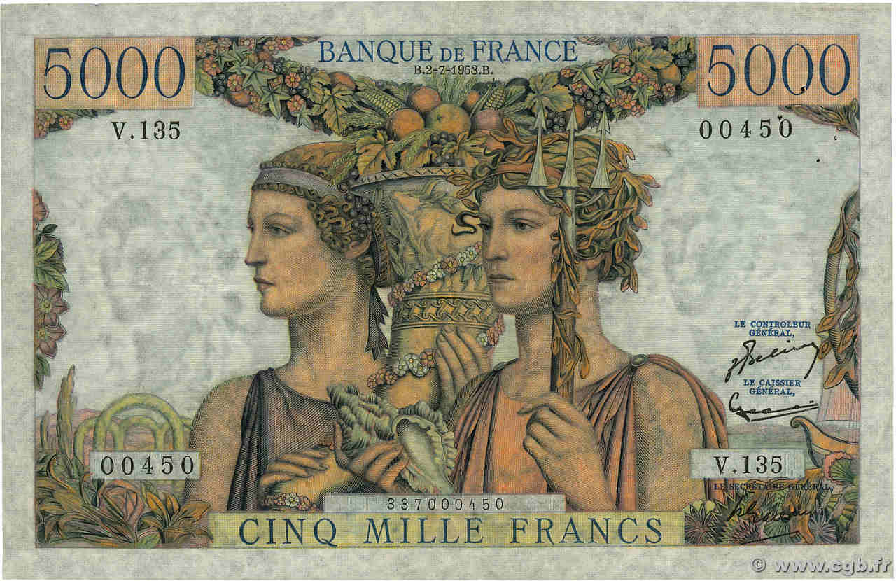 5000 Francs TERRE ET MER FRANCIA  1953 F.48.09 MBC+