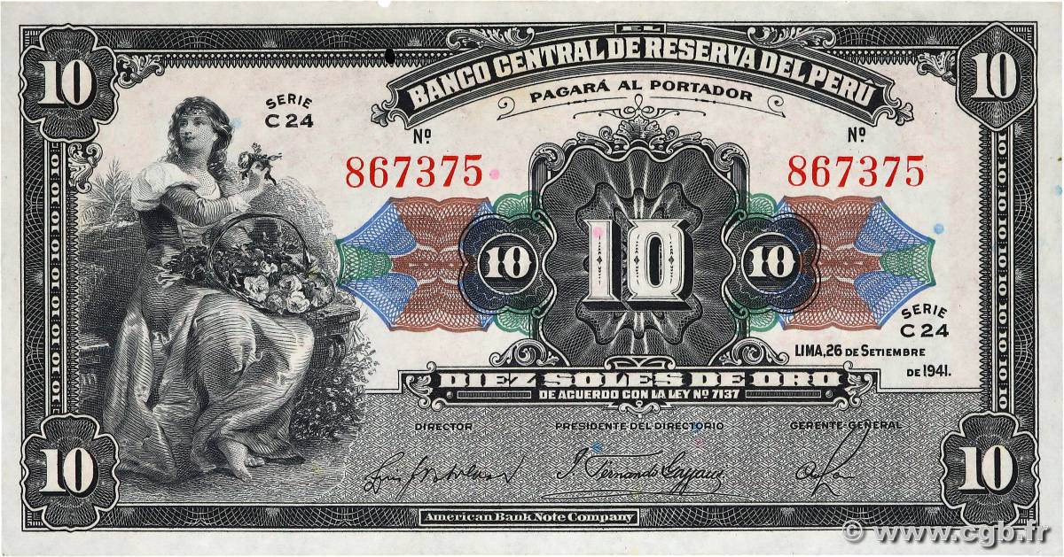 10 Soles PERU  1941 P.067Aa XF
