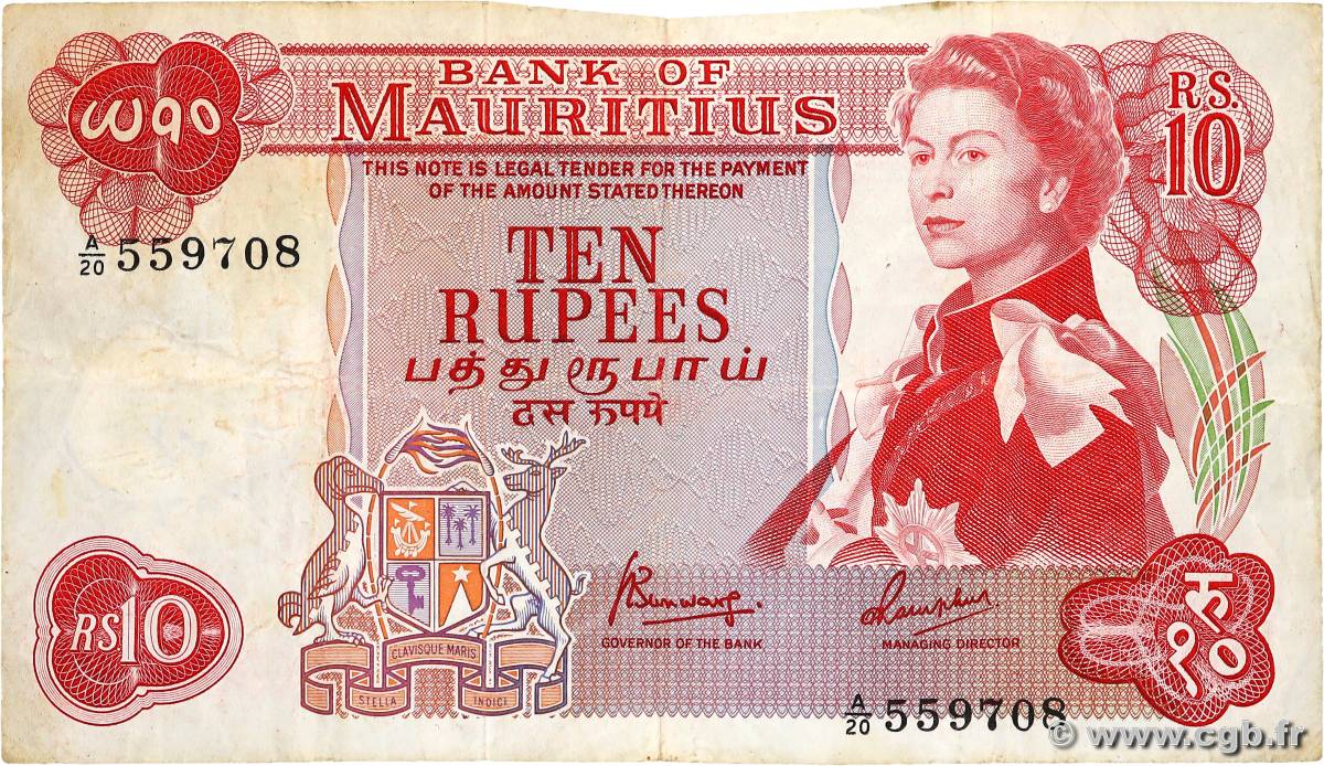 10 Rupees MAURITIUS  1967 P.31c F