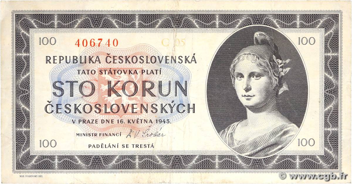 100 Korun CZECHOSLOVAKIA  1945 P.067a VF