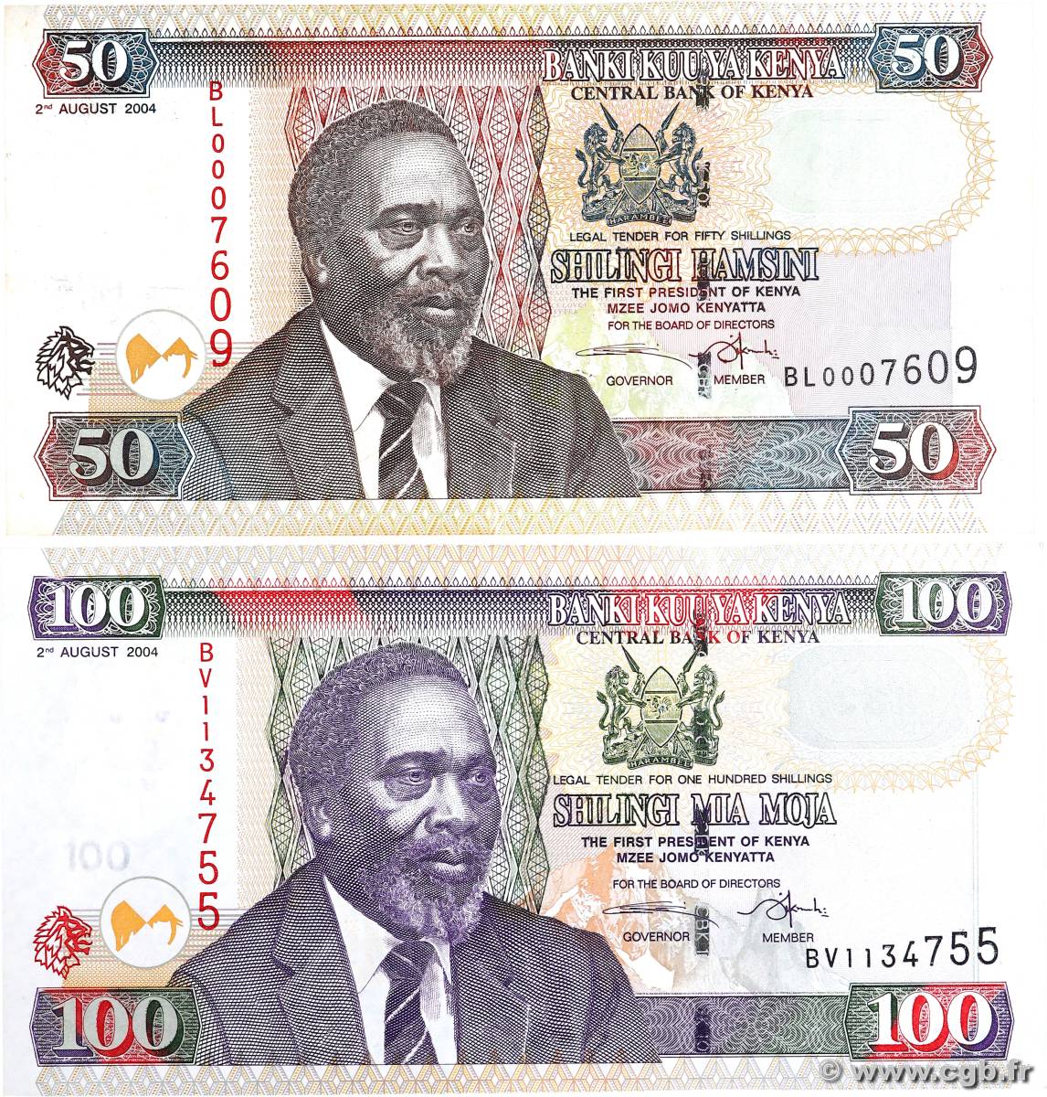 50 et 100 Shillings Lot KENYA  2004 P.41c et P.42b SUP