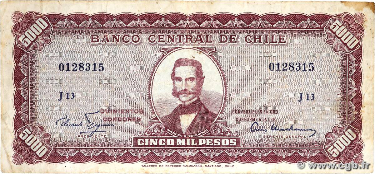 5 Escudos sur 5000 Pesos CHILE  1960 P.130 F