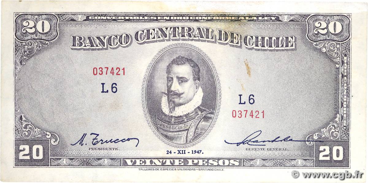 20 Pesos - 2 Condores CHILI  1947 P.093b SUP