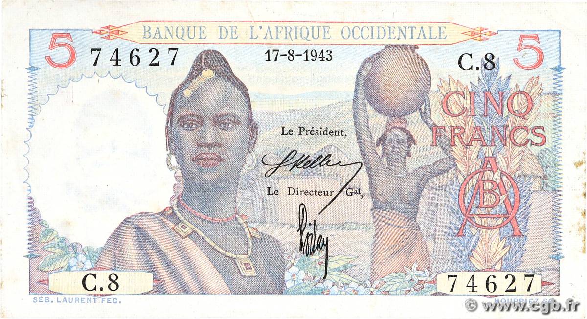 5 Francs AFRIQUE OCCIDENTALE FRANÇAISE (1895-1958)  1943 P.36 SUP