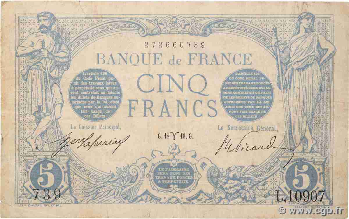 5 Francs BLEU FRANCE  1916 F.02.37 TB