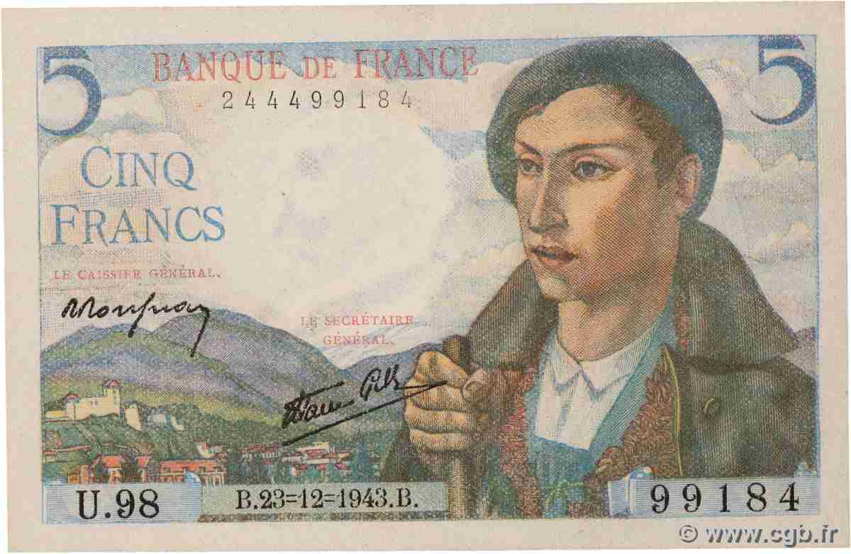 5 Francs BERGER FRANCE  1943 F.05.05 pr.NEUF