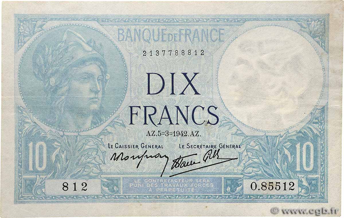 10 Francs MINERVE modifié FRANCE  1942 F.07.31 VF