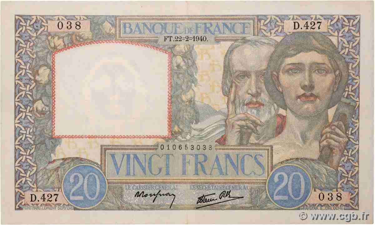 20 Francs TRAVAIL ET SCIENCE FRANCE  1940 F.12.02 TTB+