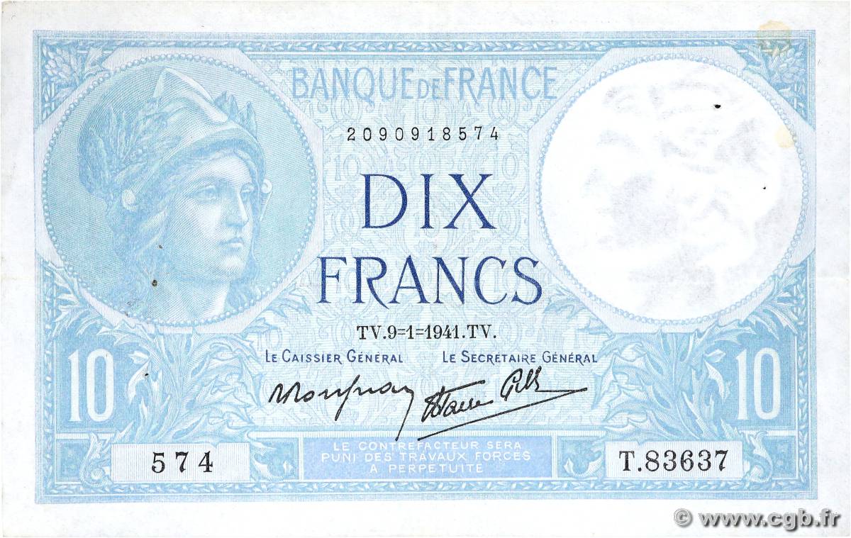 10 Francs MINERVE modifié FRANCE  1941 F.07.27 VF+