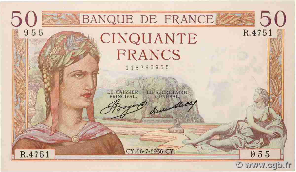 50 Francs CÉRÈS FRANCE  1936 F.17.28 SUP