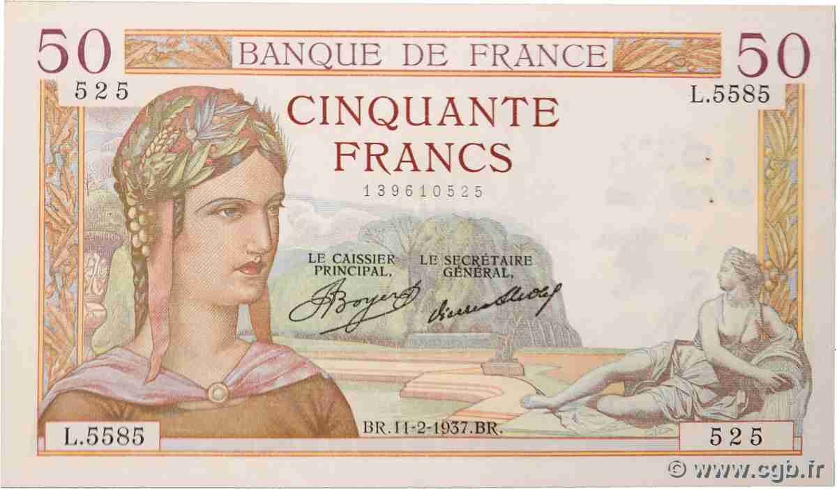 50 Francs CÉRÈS FRANCE  1937 F.17.34 TTB