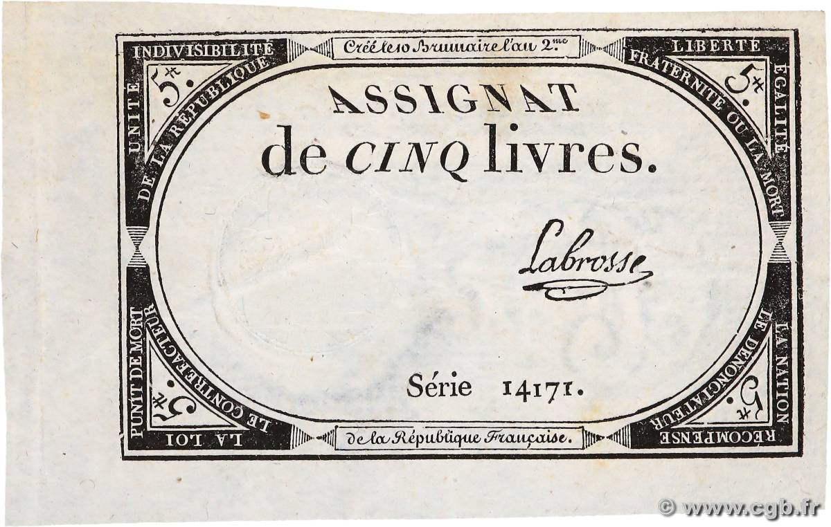 5 Livres FRANCE  1793 Ass.46a SUP+