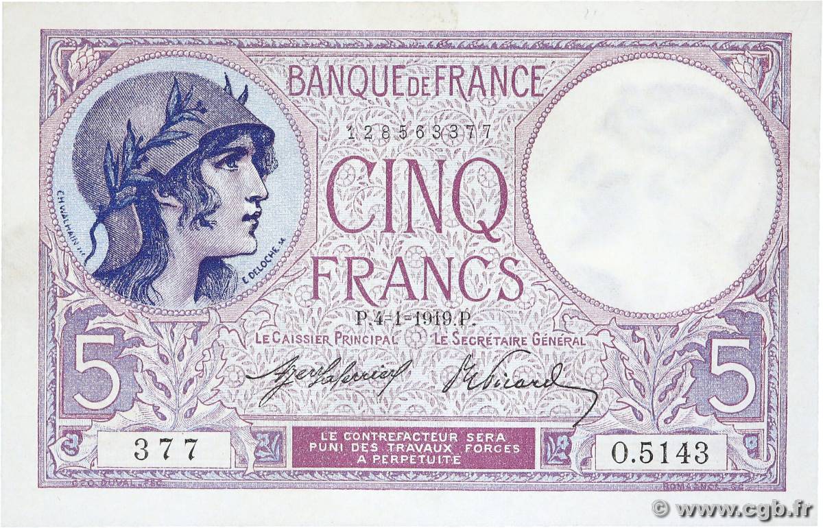 5 Francs FEMME CASQUÉE FRANKREICH  1919 F.03.03 fST