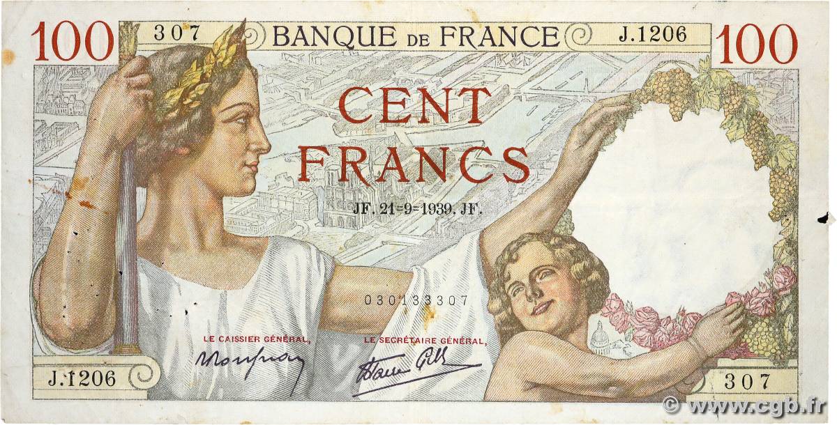 100 Francs SULLY FRANCE  1939 F.26.07 F