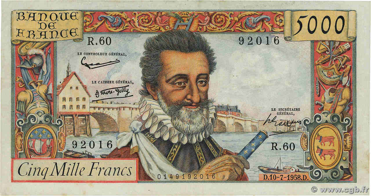 5000 Francs HENRI IV FRANCE  1958 F.49.07 TTB