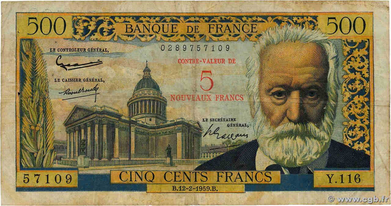 5 NF sur 500 Francs Victor HUGO FRANCE  1959 F.52.02 pr.TB