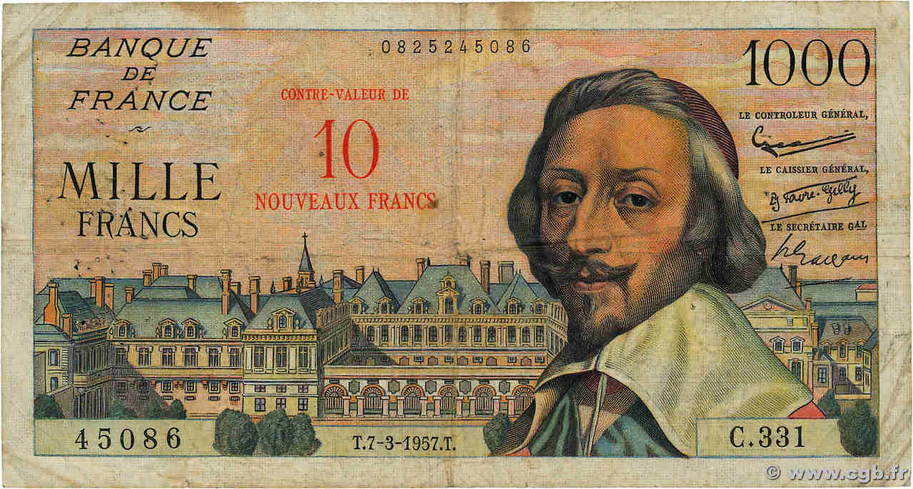 10 NF sur 1000 Francs RICHELIEU FRANCE  1957 F.53.01 B+