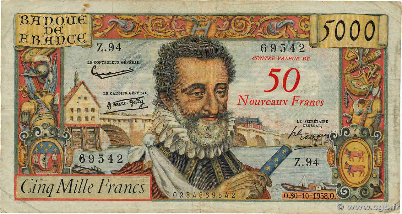 50 NF sur 5000 Francs HENRI IV FRANCIA  1958 F.54.01 BC