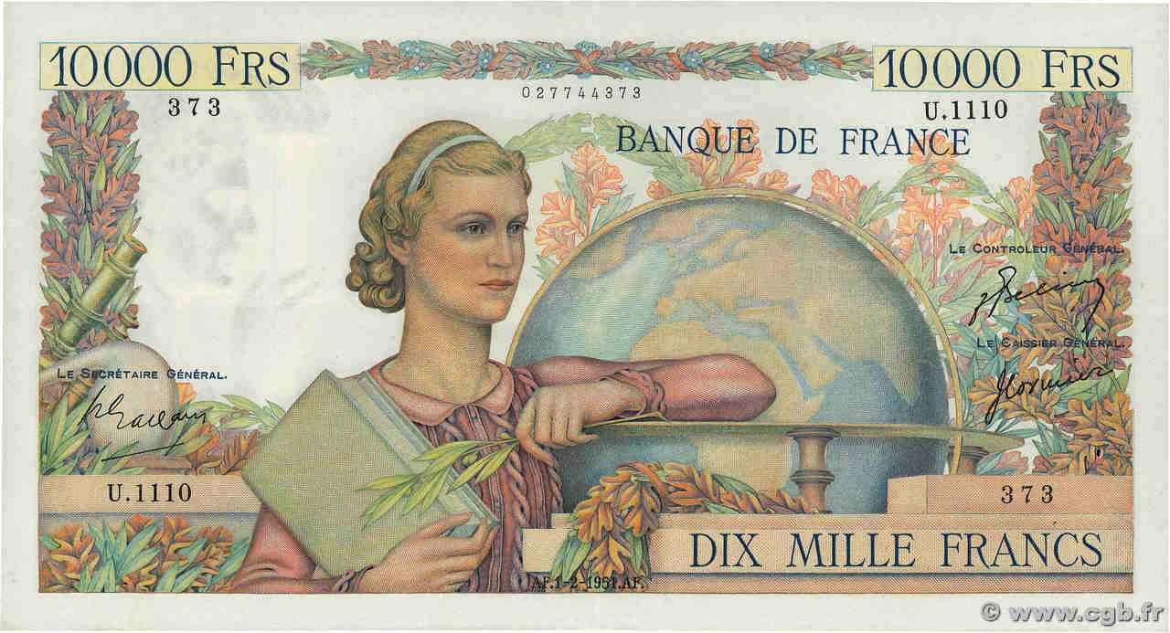 10000 Francs GÉNIE FRANÇAIS FRANCIA  1951 F.50.47 q.SPL