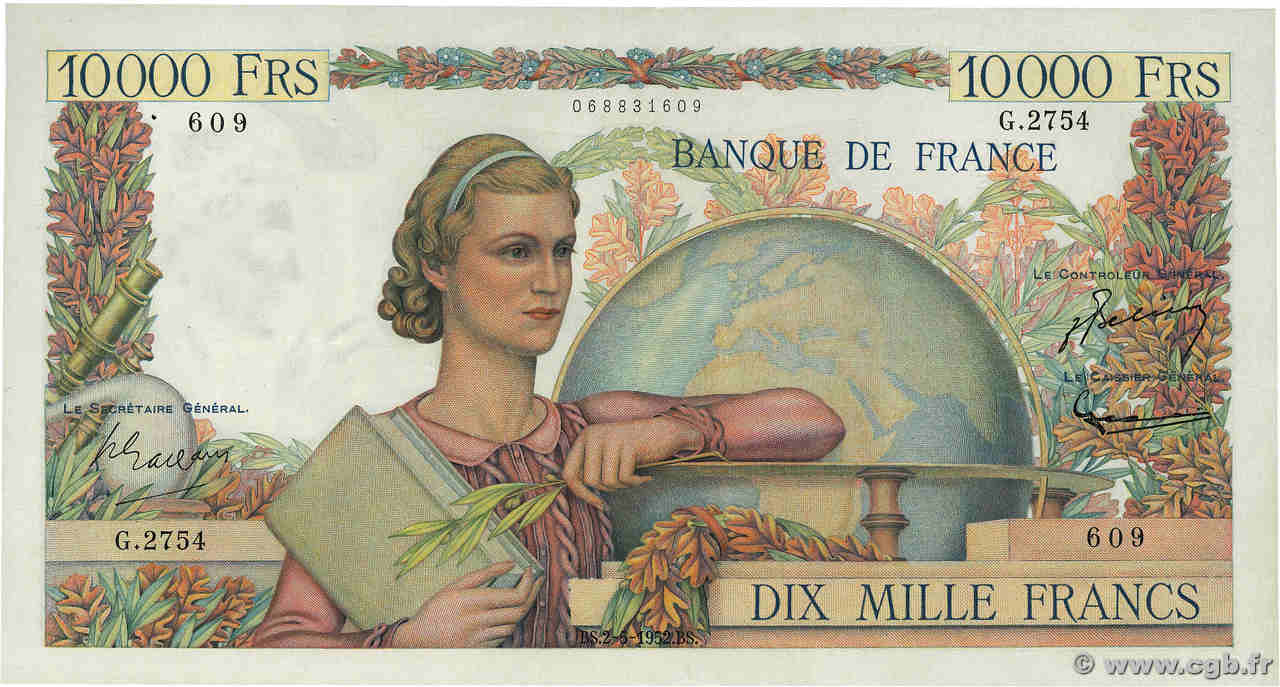 10000 Francs GÉNIE FRANÇAIS FRANCIA  1952 F.50.58 MBC+