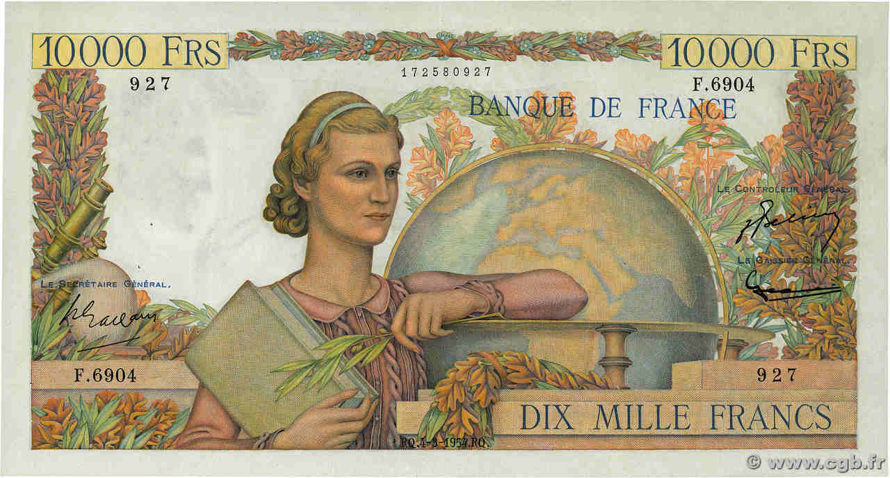 10000 Francs GÉNIE FRANÇAIS FRANCE  1954 F.50.70 VF+