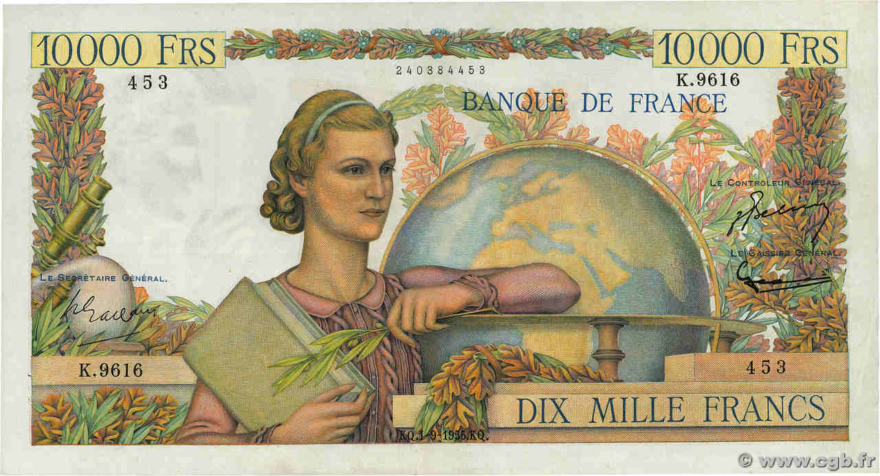 10000 Francs GÉNIE FRANÇAIS FRANCIA  1955 F.50.76 MBC