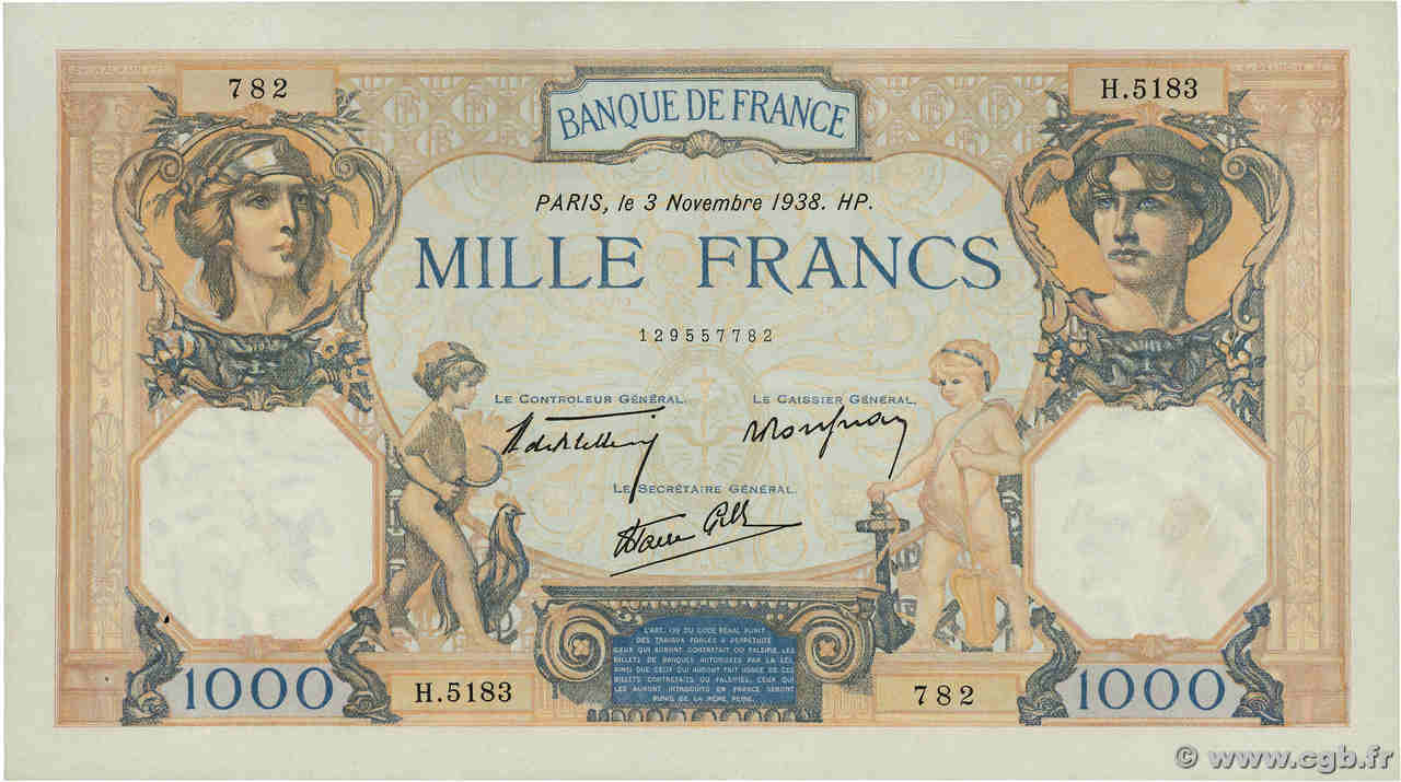 1000 Francs CÉRÈS ET MERCURE type modifié FRANCE  1938 F.38.32 TTB+