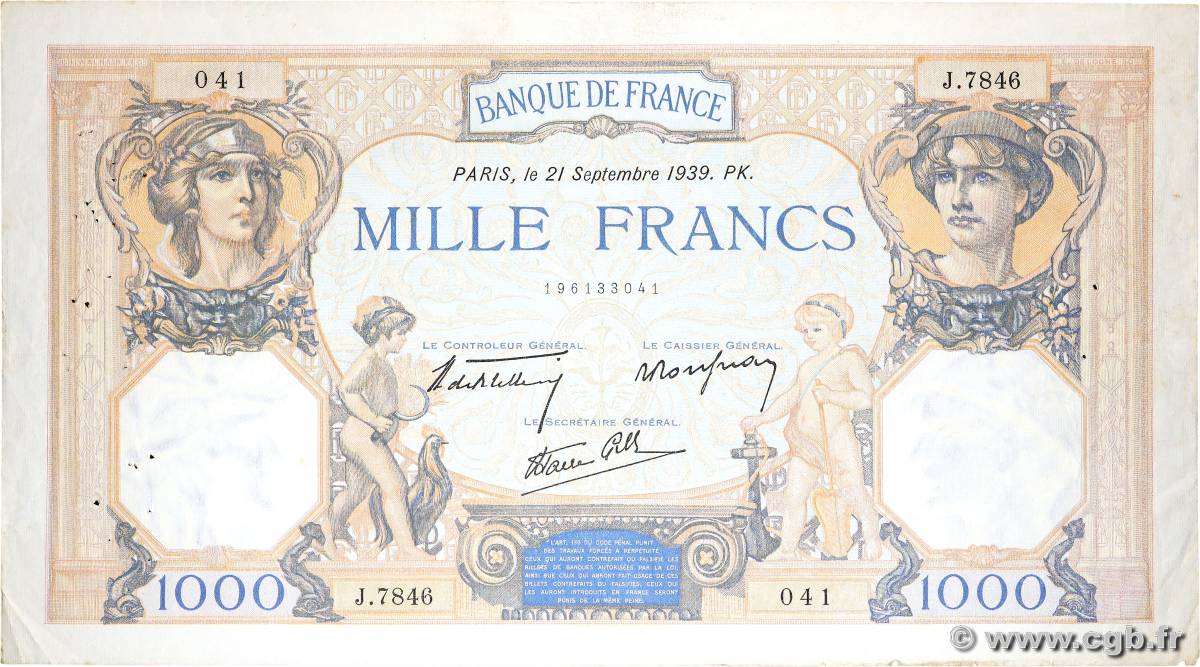 1000 Francs CÉRÈS ET MERCURE type modifié FRANCE  1939 F.38.37 TB+