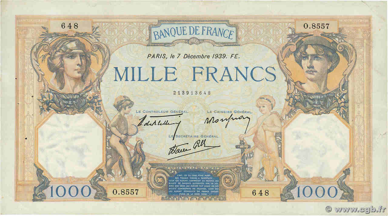 1000 Francs CÉRÈS ET MERCURE type modifié FRANCE  1939 F.38.40 TTB