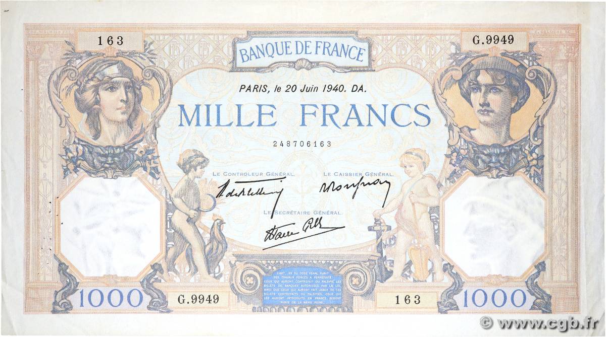 1000 Francs CÉRÈS ET MERCURE type modifié FRANCE  1940 F.38.49 TTB