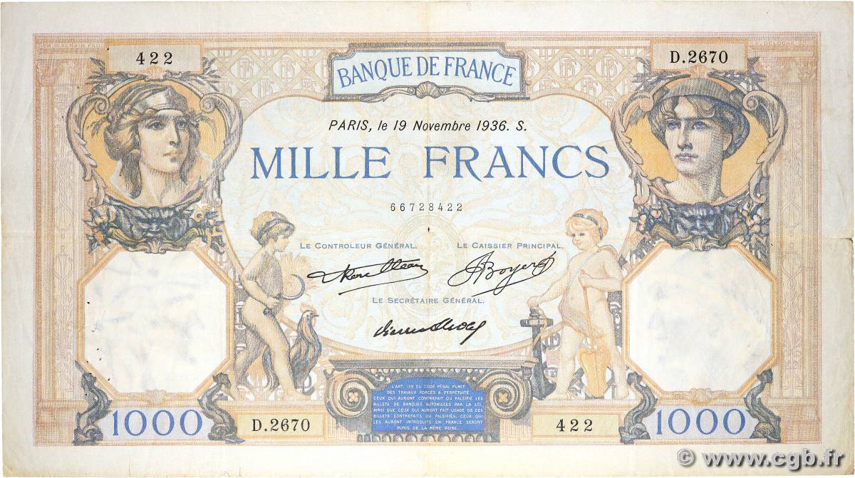 1000 Francs CÉRÈS ET MERCURE FRANCE  1936 F.37.09 pr.TB