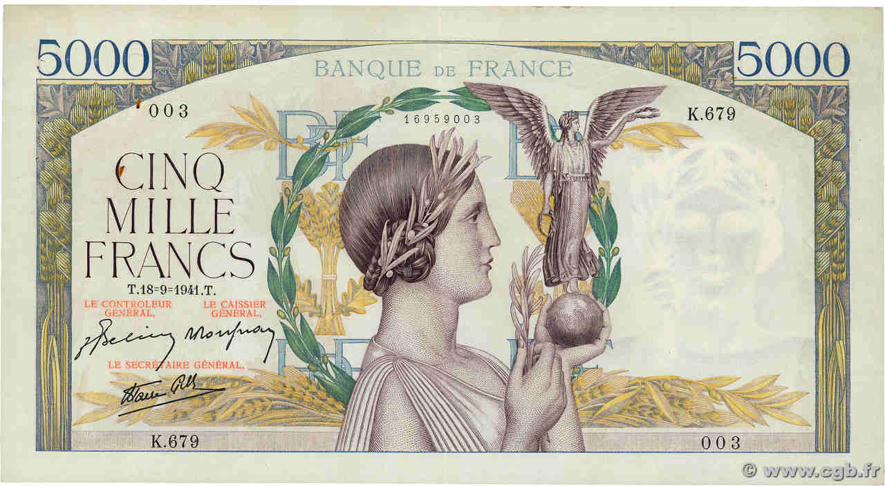 5000 Francs VICTOIRE Impression à plat FRANCE  1941 F.46.26 TTB
