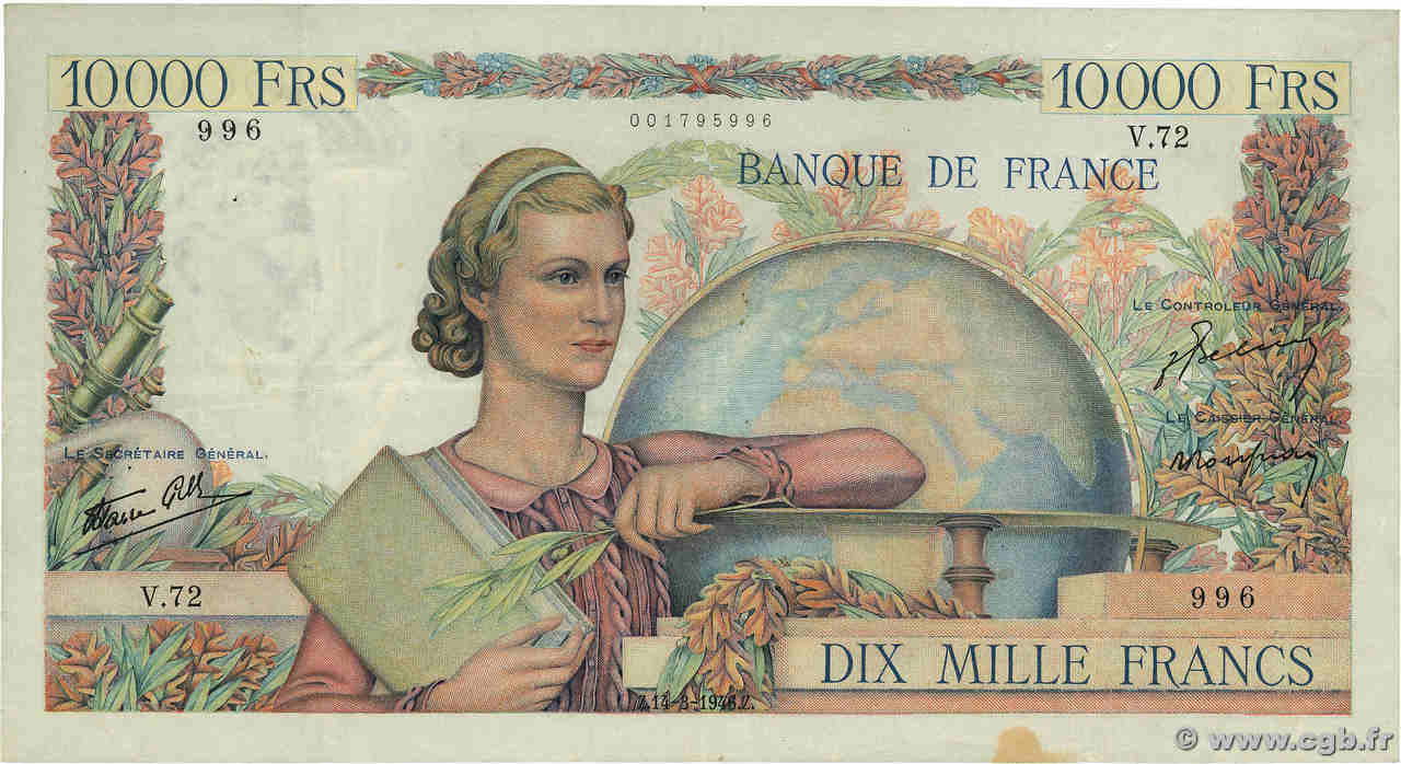 10000 Francs GÉNIE FRANÇAIS FRANCIA  1946 F.50.03 BC+